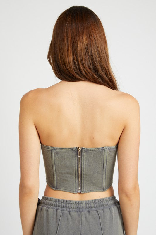 
                  
                    FRENCH TERRY STRAPLESS BUSTIER TOP
                  
                