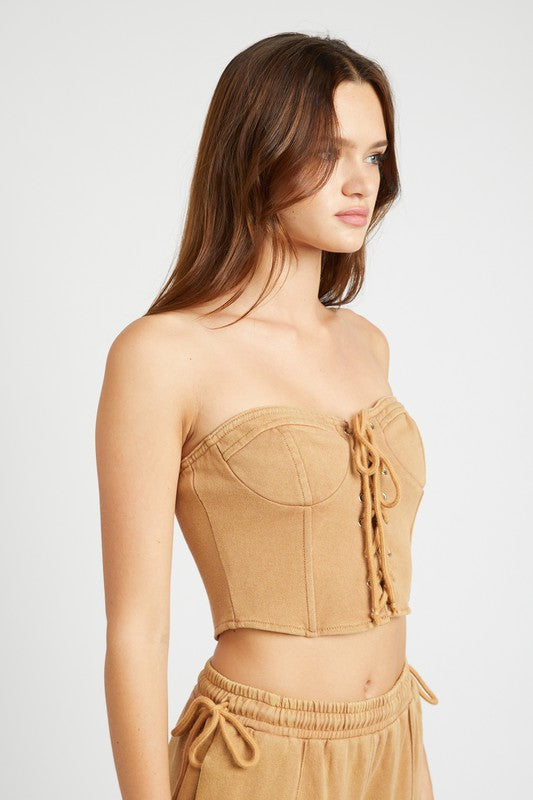 
                  
                    FRENCH TERRY STRAPLESS BUSTIER TOP
                  
                