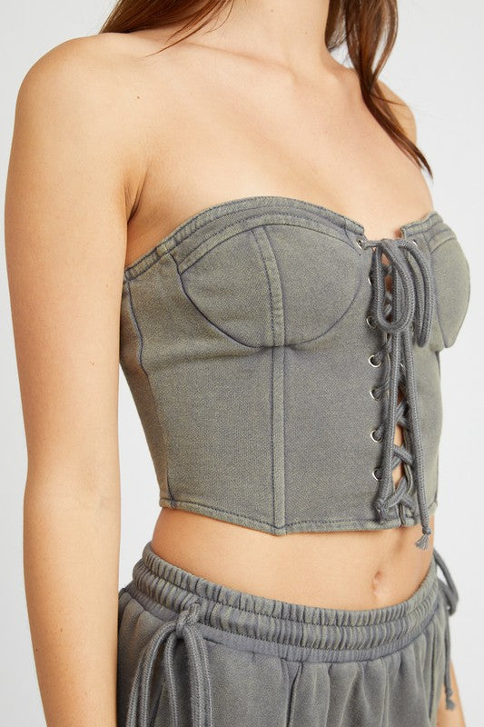 
                  
                    FRENCH TERRY STRAPLESS BUSTIER TOP
                  
                