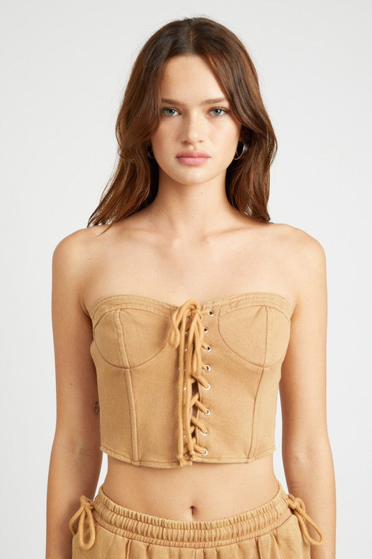 
                  
                    FRENCH TERRY STRAPLESS BUSTIER TOP
                  
                