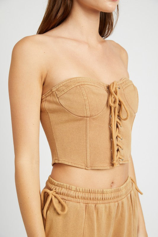 
                  
                    FRENCH TERRY STRAPLESS BUSTIER TOP
                  
                