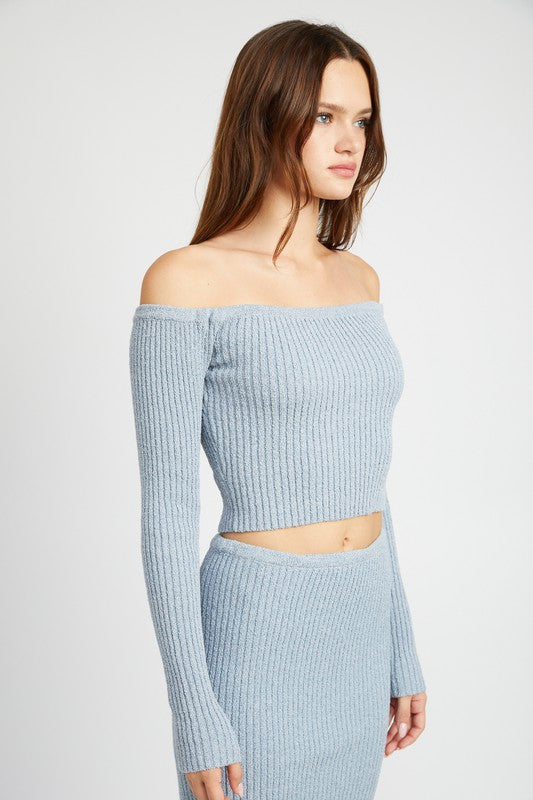 
                  
                    OFF SHOULDER LONG SLEEVE KNIT TOP
                  
                