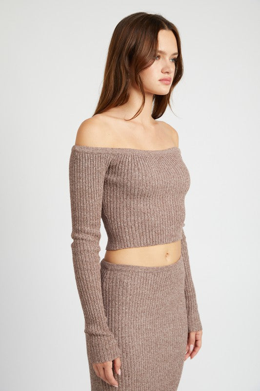 
                  
                    OFF SHOULDER LONG SLEEVE KNIT TOP
                  
                