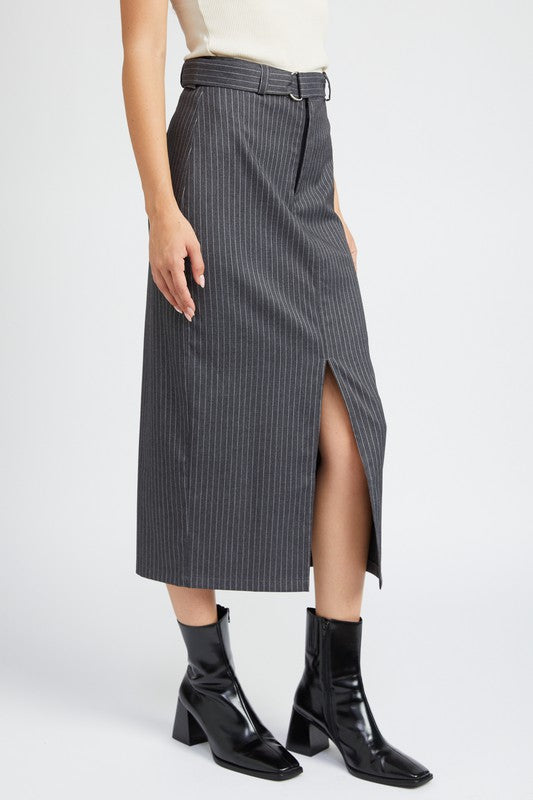 
                  
                    PINSTRIPE MIDI SKIRT WITH SLIT
                  
                