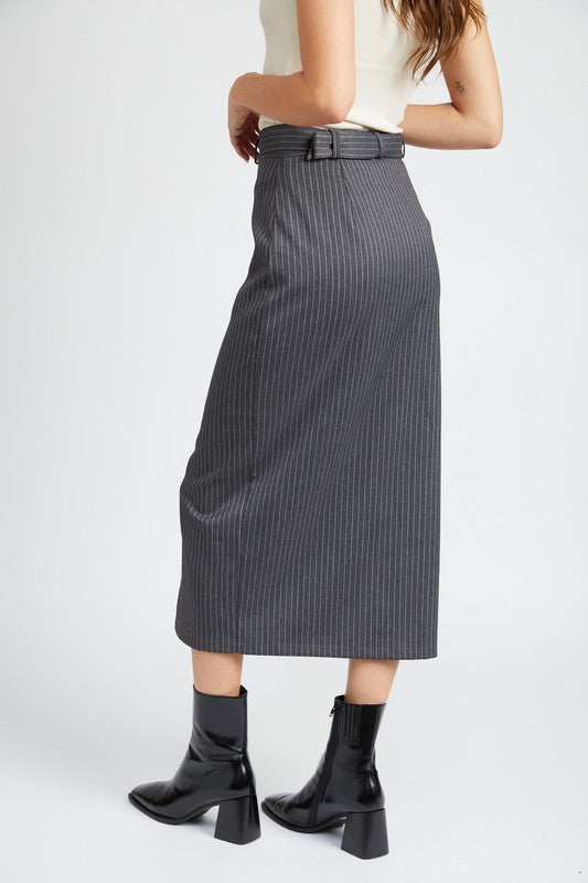 
                  
                    PINSTRIPE MIDI SKIRT WITH SLIT
                  
                