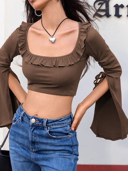 Open Bell Sleeve Square Neck Crop Top