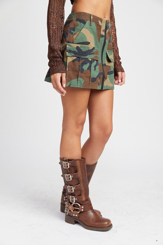 
                  
                    CAMO MINI SKIRT WITH FRONT ZIPPER
                  
                