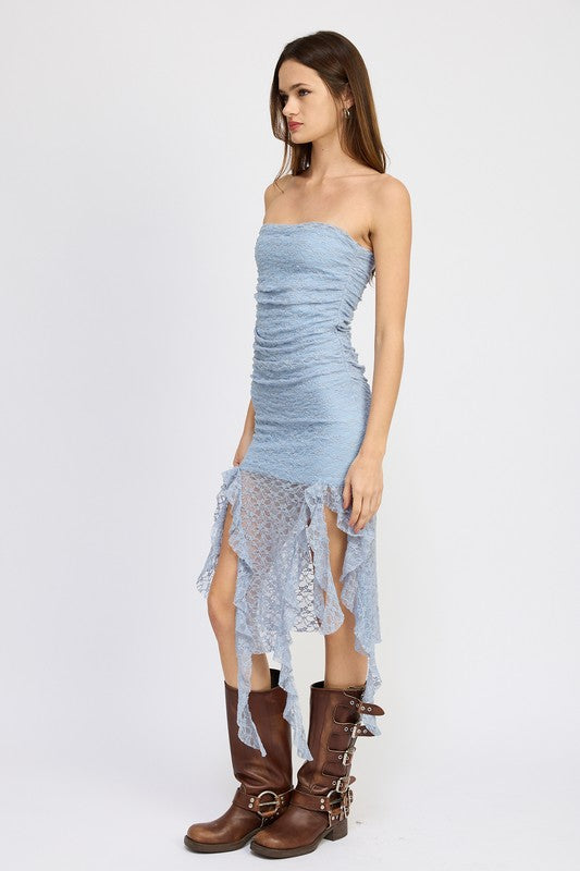 
                  
                    LACE TUBE DRESS WTIH RUFFLE DETAIL
                  
                