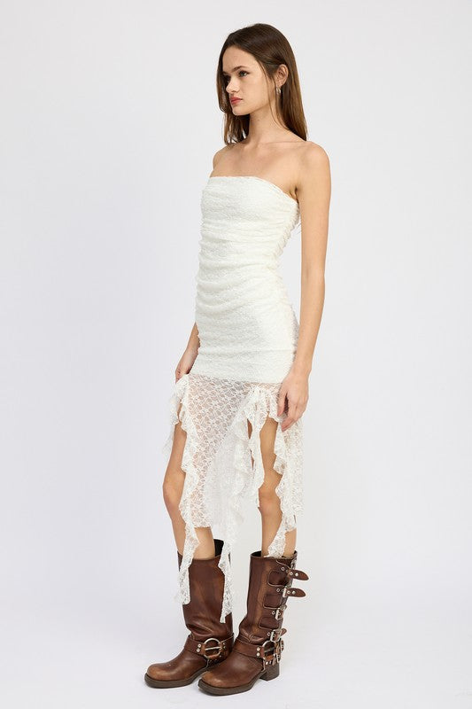 
                  
                    LACE TUBE DRESS WTIH RUFFLE DETAIL
                  
                