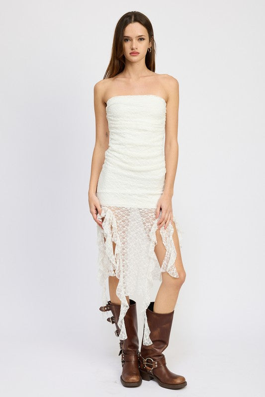 
                  
                    LACE TUBE DRESS WTIH RUFFLE DETAIL
                  
                