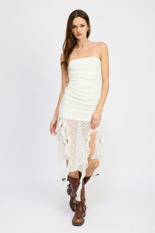 
                  
                    LACE TUBE DRESS WTIH RUFFLE DETAIL
                  
                