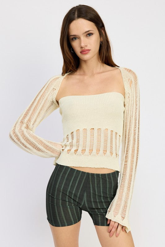 
                  
                    DISTRESSED SWEATER TUBE TOP
                  
                