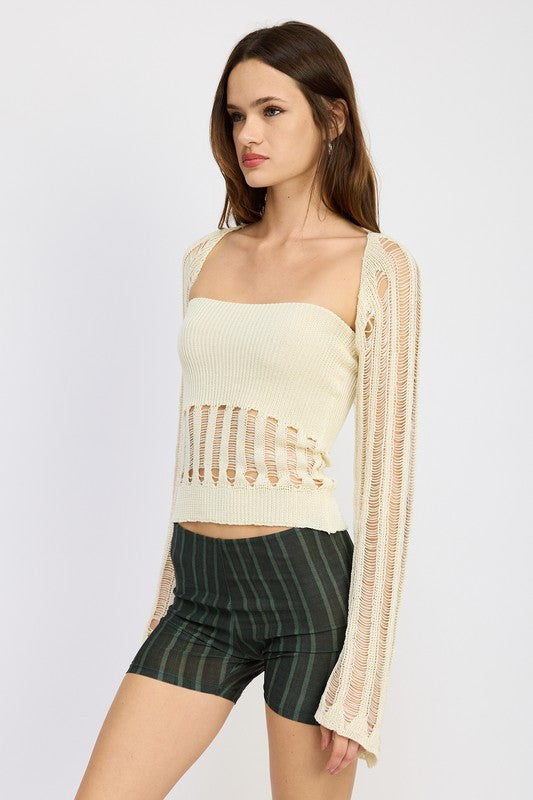 
                  
                    DISTRESSED SWEATER TUBE TOP
                  
                