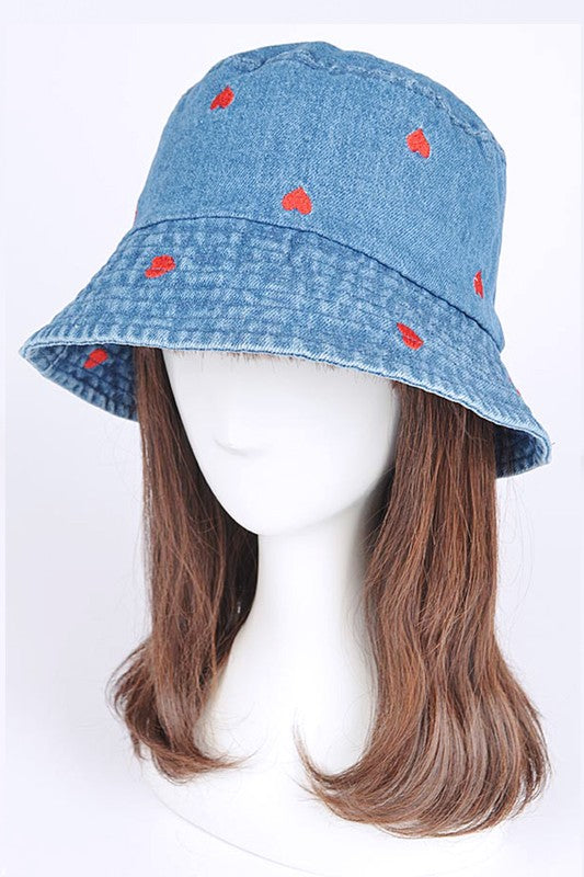 Heart Embroidered Denim Bucket Hat