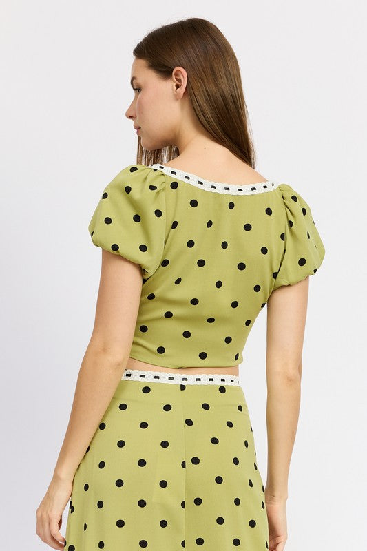 
                  
                    POLKA DOT TOP WITH LACE TRIM
                  
                