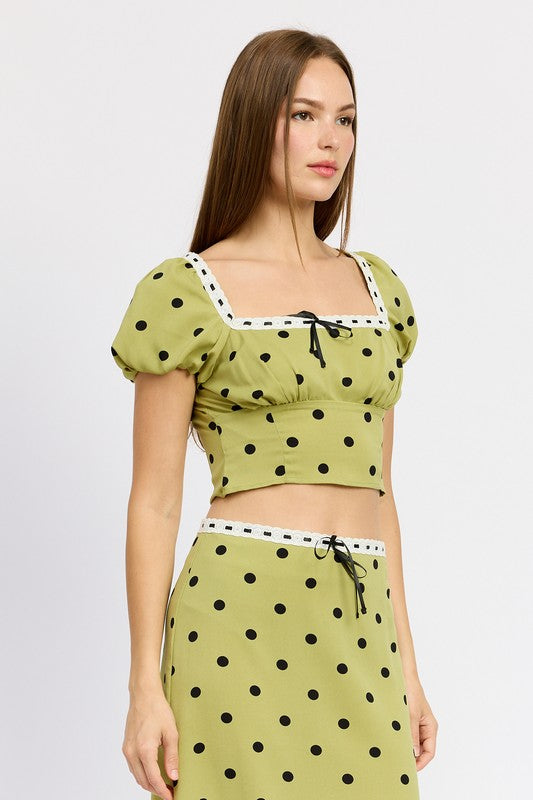 
                  
                    POLKA DOT TOP WITH LACE TRIM
                  
                