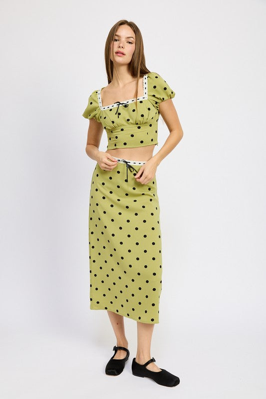 
                  
                    POLKA DOT MIDI SKIRT WITH LACE TRIM
                  
                