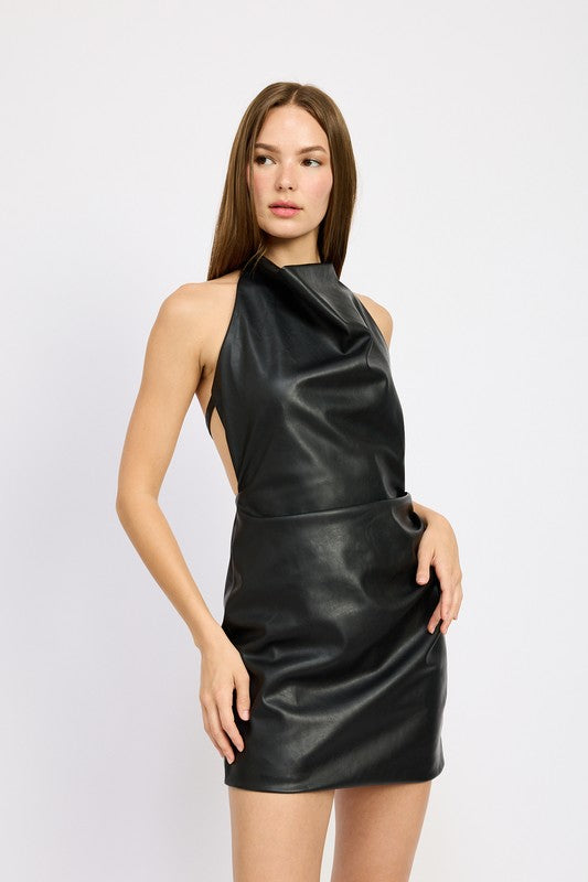 
                  
                    HALTER NECK LEATHER MINI DRESS
                  
                