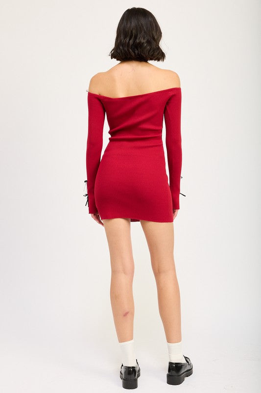 
                  
                    OFF SHOULDER BODYCON DRESS WITH BOW DETAIL
                  
                