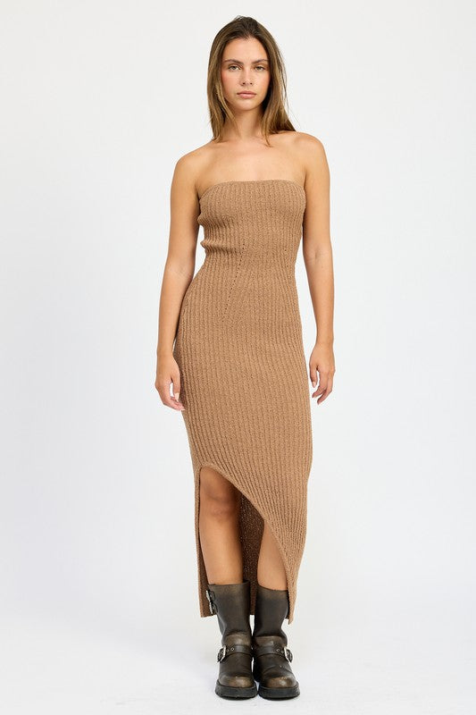 ASYMMETRICAL RIBBED MAXI TUBE DRESS