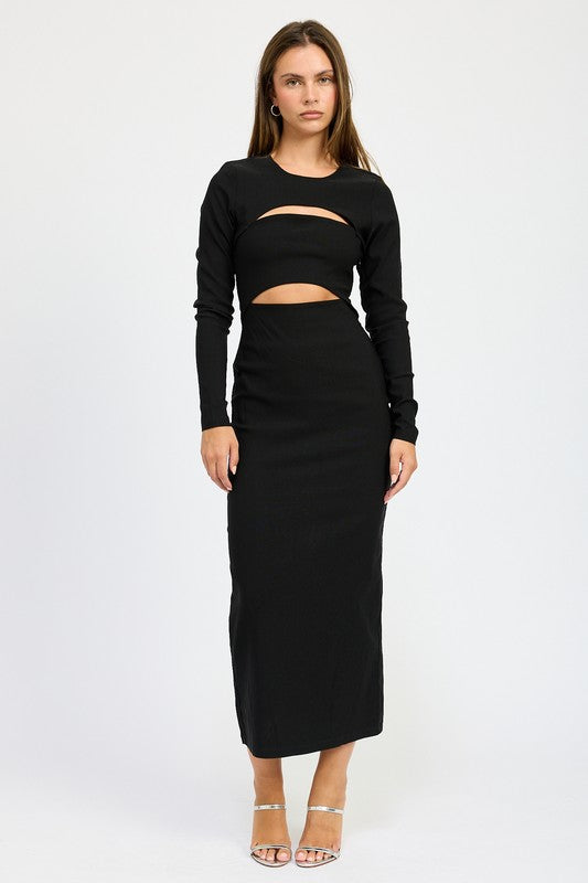 
                  
                    LONG SLEEVE CUTOUT MIDI DRESS
                  
                