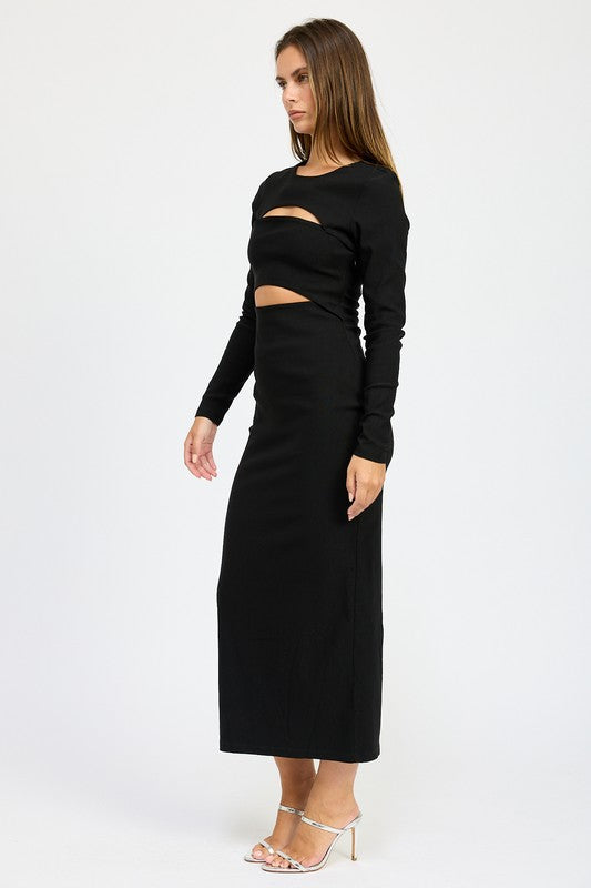 
                  
                    LONG SLEEVE CUTOUT MIDI DRESS
                  
                