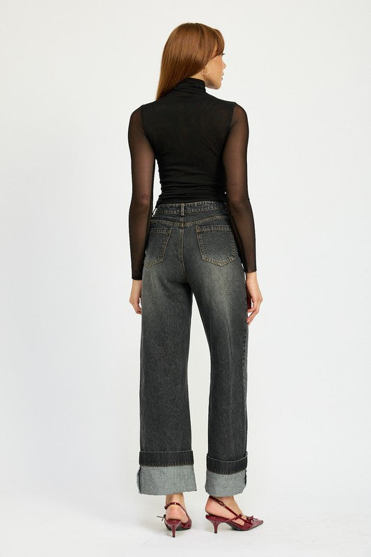 
                  
                    WASHED DENIM PANTS WITH FOLD OVER DETAIL
                  
                