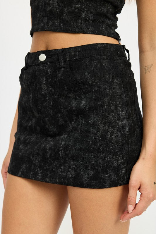 
                  
                    WASHED DENIM PRINT MINI SKIRT
                  
                