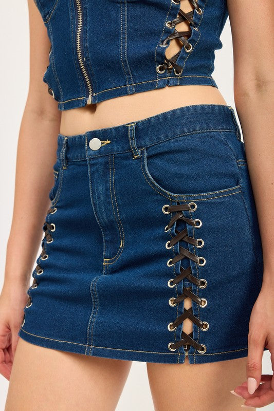 
                  
                    LACE UP MINI DENIM SKIRT
                  
                