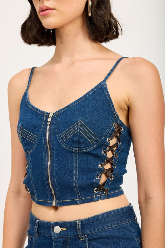 
                  
                    ZIP UP DENIM CORSET TOP
                  
                