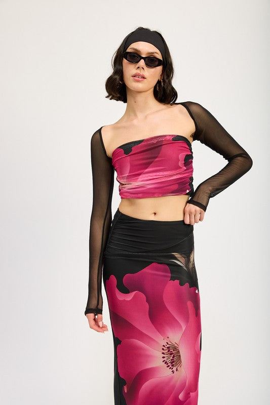 
                  
                    MESH PRINT TUBE TOP WITH DETACHABLE SHRUG
                  
                